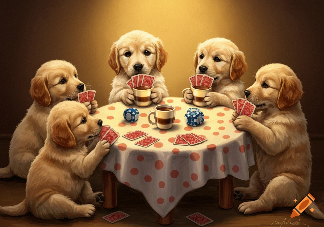 Five golden retriever puppies play cards and drink from mugs around a polka dot table.