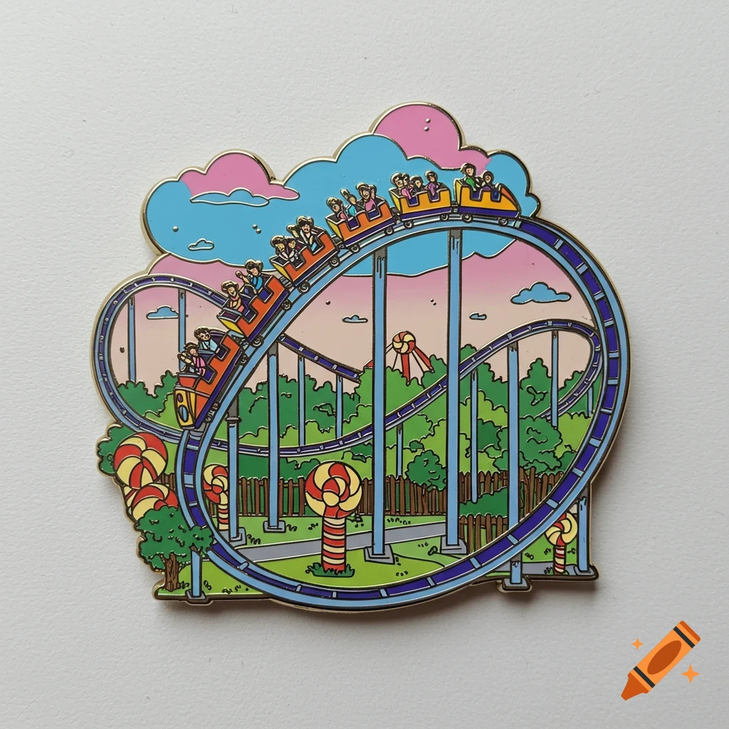 A cartoon enamel pin of a roller coaster with riders going down a track, surrounded by trees and candy canes.