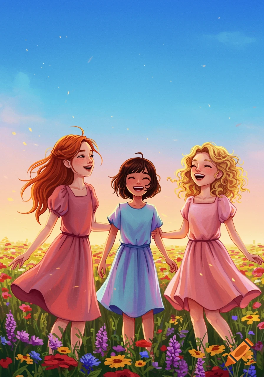 Three smiling girls holding hands in a field of wildflowers under a bright sky, illustration style