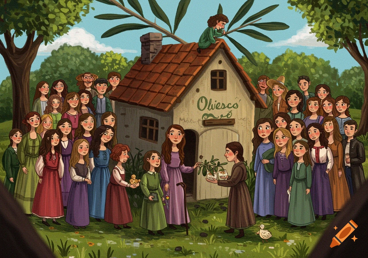 An illustration of a crowd of people gathered around a small house near a large olive tree.