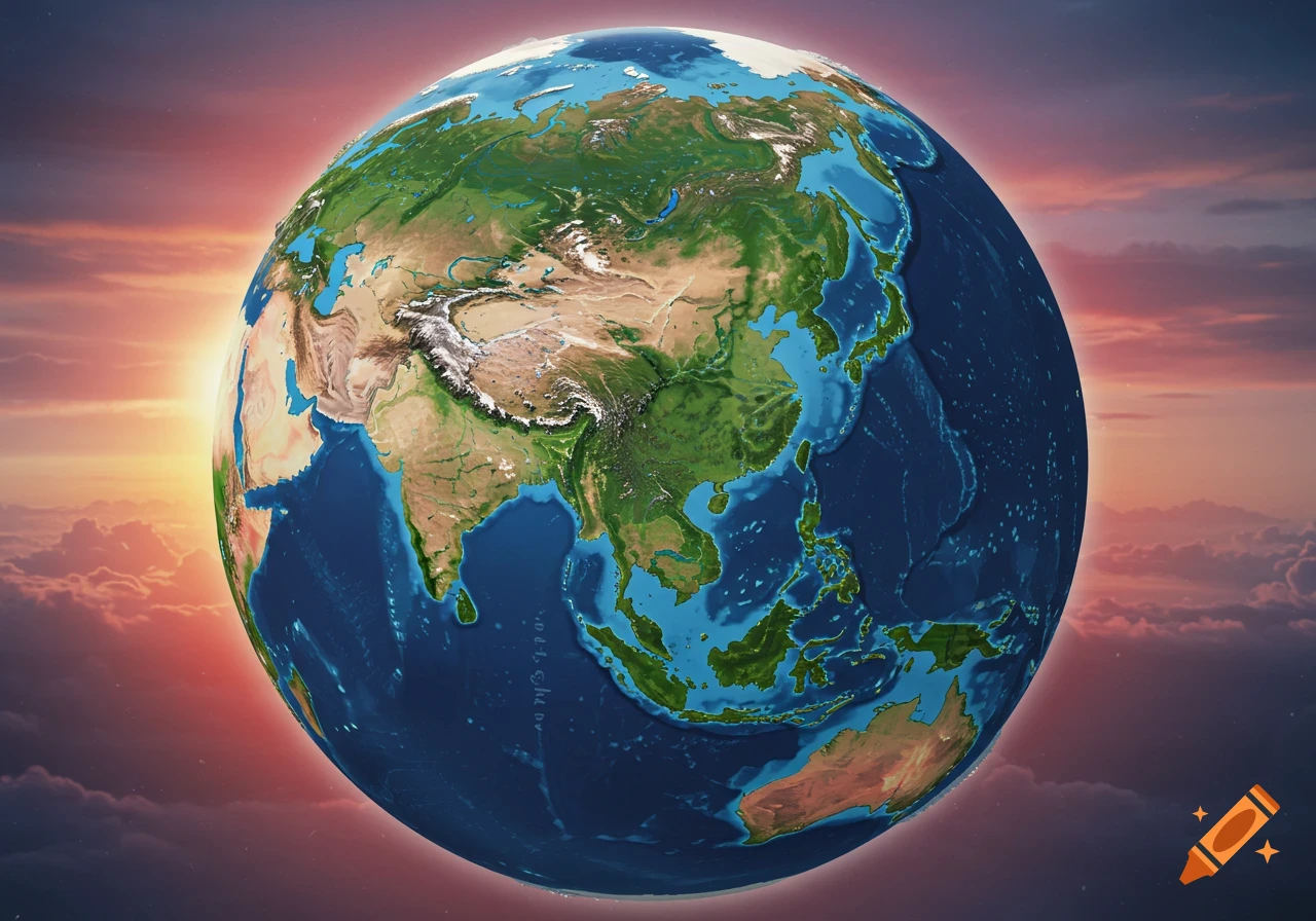 Detailed globe view of Earth centered on Asia from space during sunset.