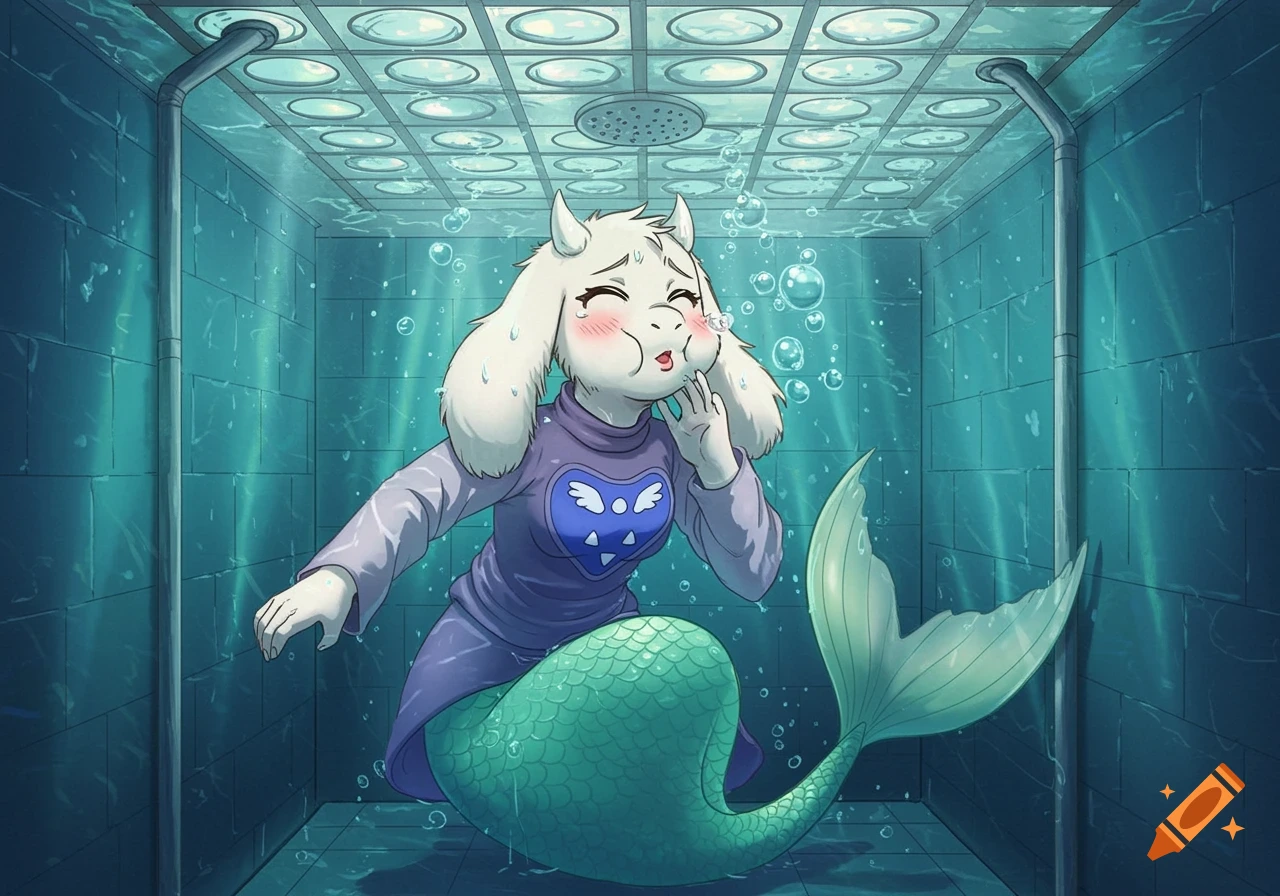 Anime illustration of Toriel as a mermaid underwater in a shower stall, puffing cheeks and blowing bubbles.