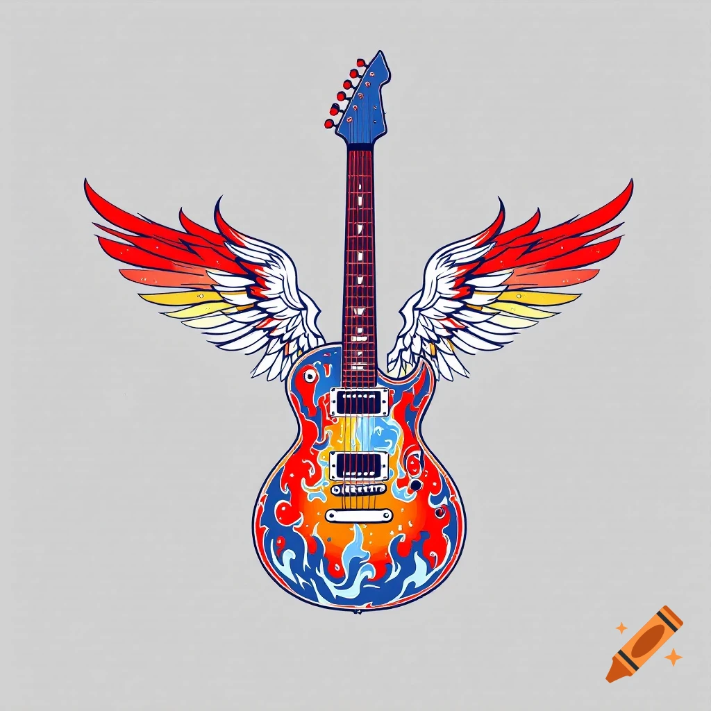 Illustration of a colorful electric guitar with flame patterns and large white wings.