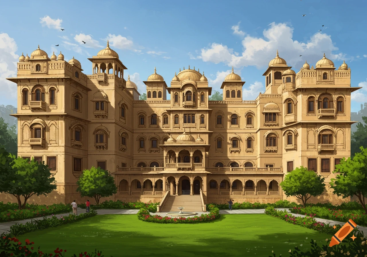 Ornate Indian mansion in a garden with trees and a lawn under a blue sky.