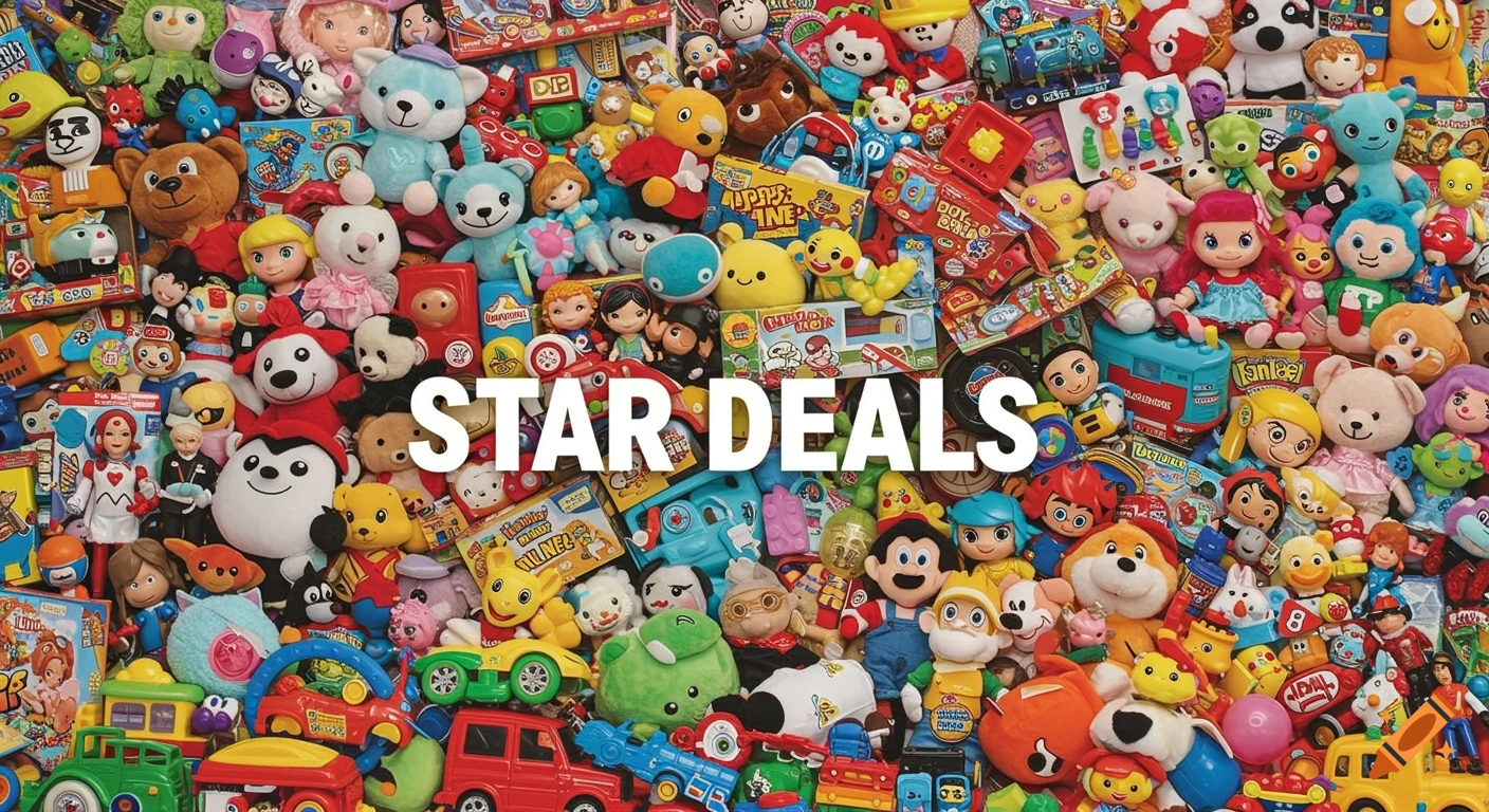 Background of many colorful toys with text 'STAR DEALS'