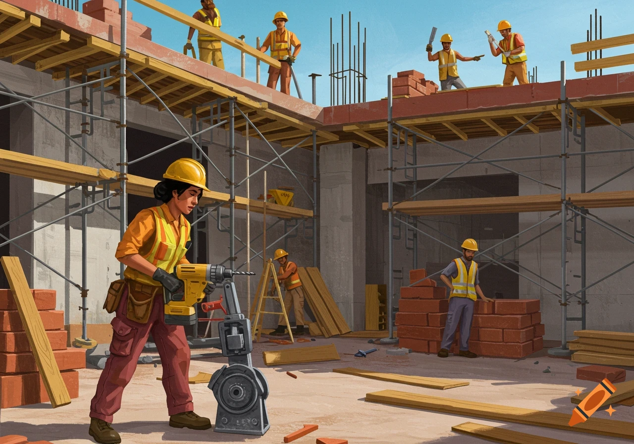 Construction workers on scaffolding at a job site, digital illustration.