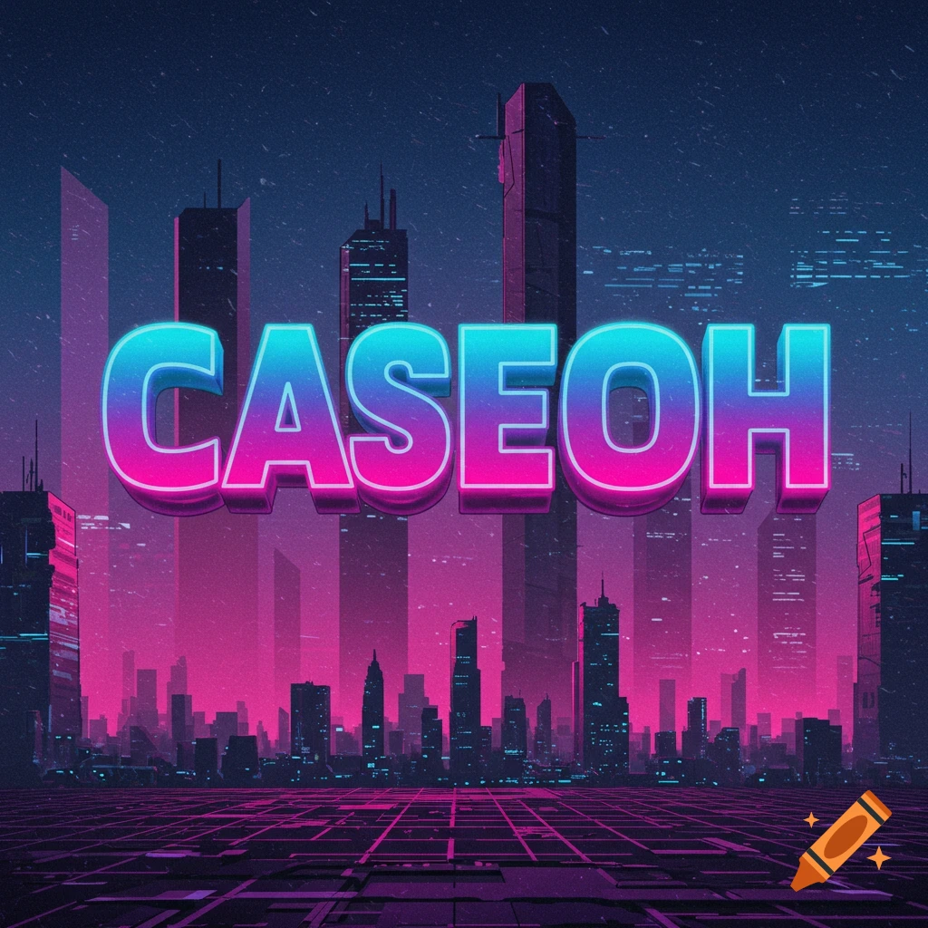 Stylized text CASEOH above a futuristic city skyline at night in retrowave style.