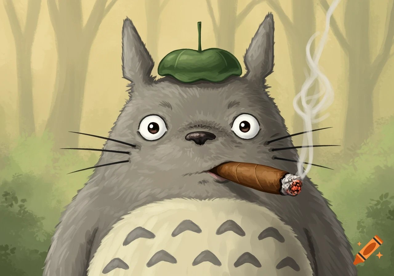 A digital painting of Totoro smoking a cigar in a forest.