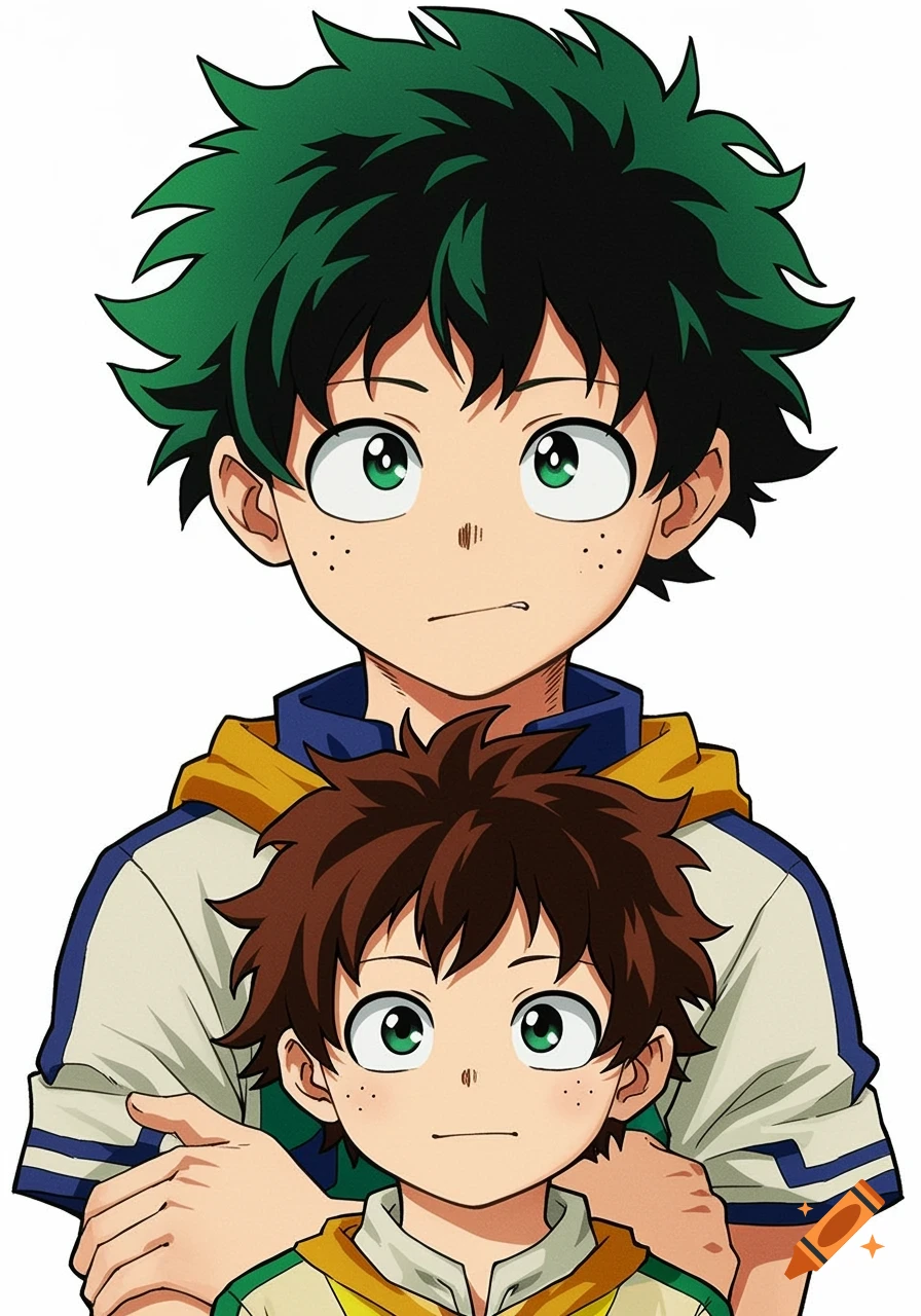 Anime illustration of a green-haired character standing behind a smaller brown-haired character.