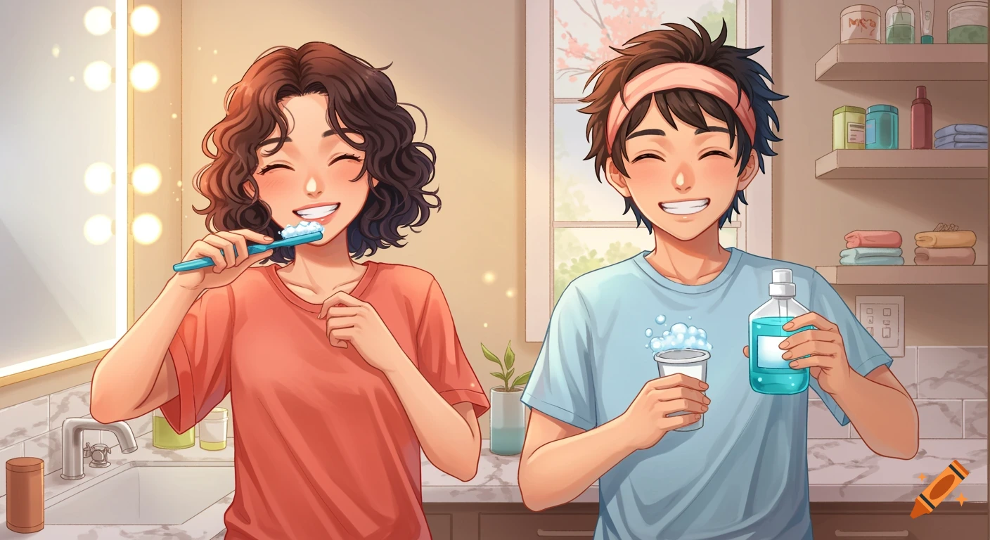 Anime illustration of two teenagers brushing teeth and using mouthwash in a bathroom.