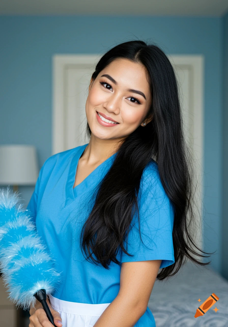 Smiling young woman in blue scrubs holding a feather duster