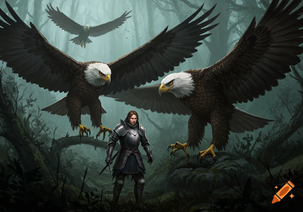 Digital painting of a knight and three large eagles in a forest setting.