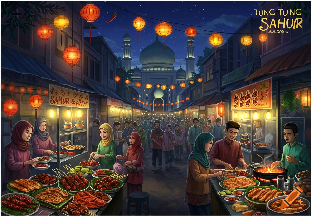 Illustration of a busy night market scene with food stalls, people, and lanterns, with a mosque in the background.