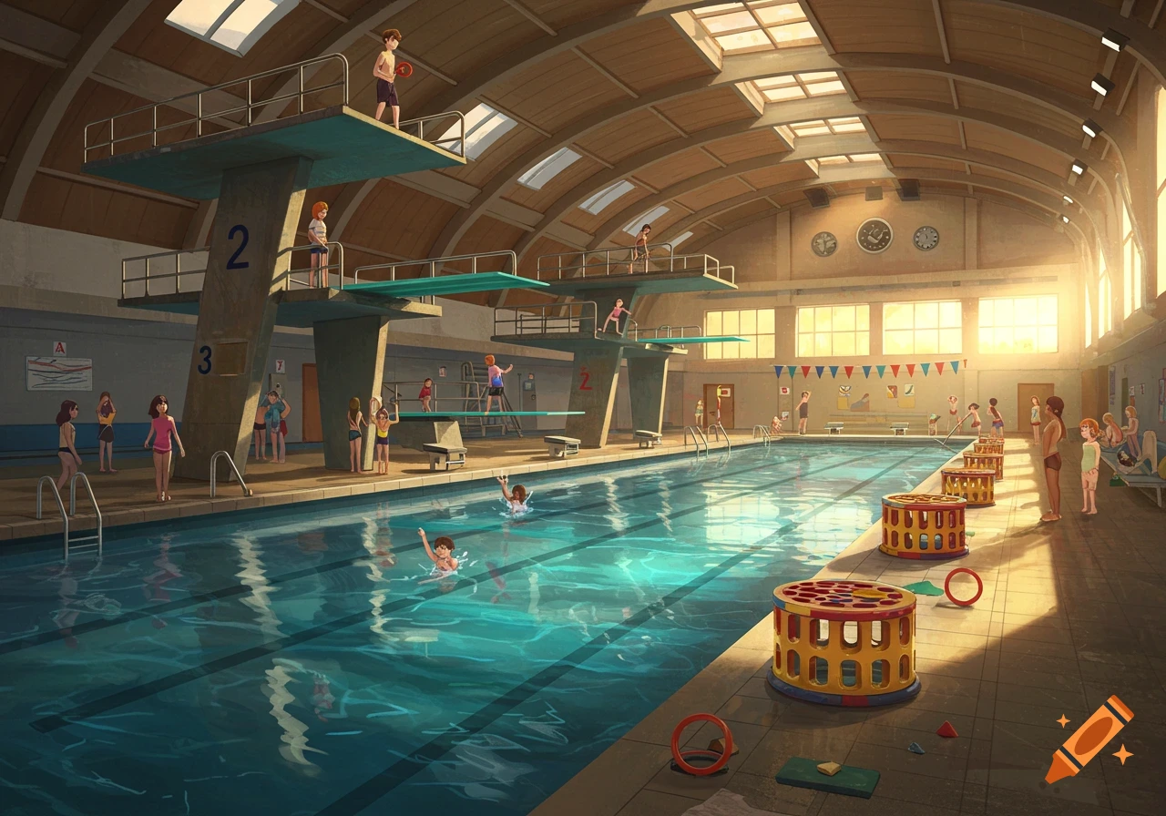 An illustration of a busy indoor swimming pool with multiple diving boards, swimmers, and spectators.