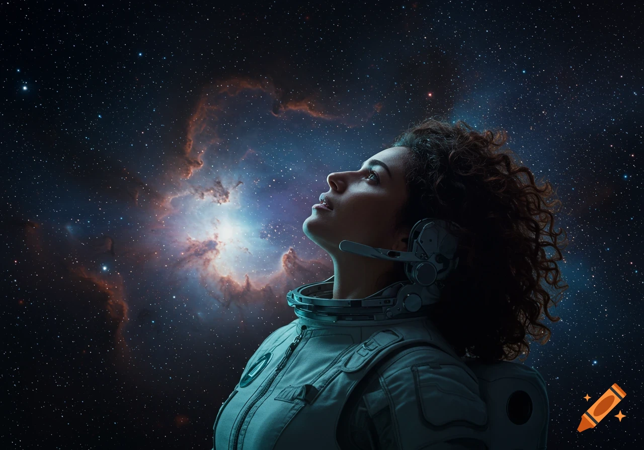 A female astronaut in a suit looks up at a colorful nebula in space.