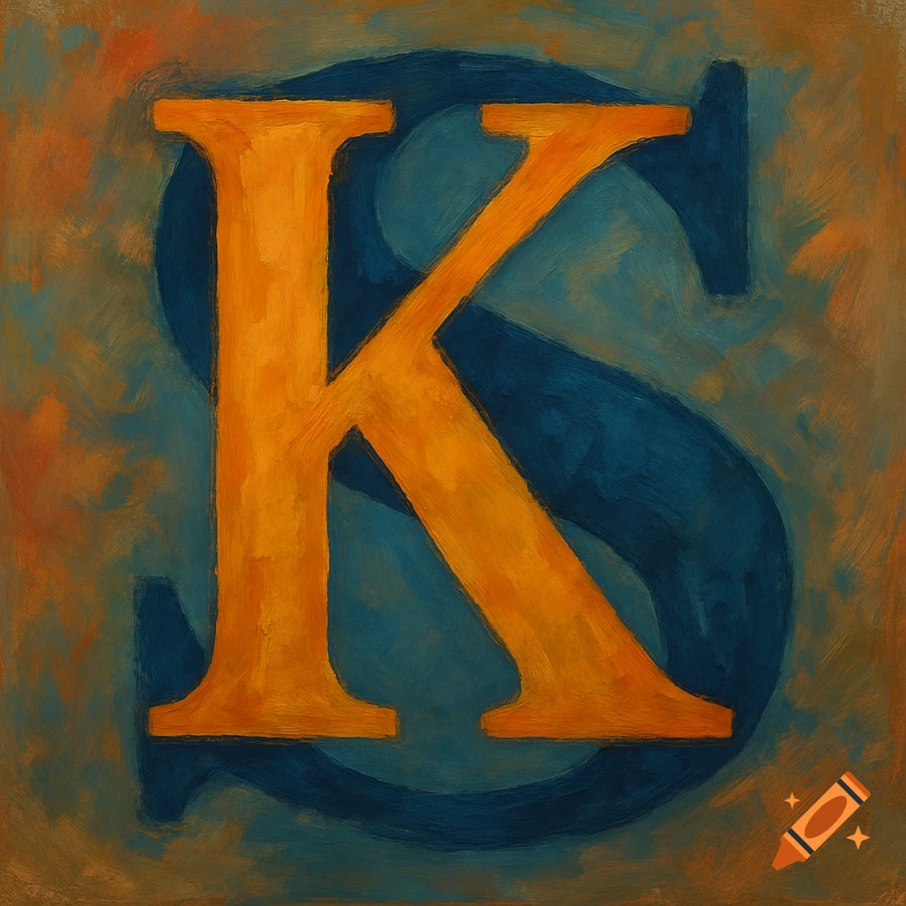 An oil painting of an orange letter K superimposed on a blue letter S.