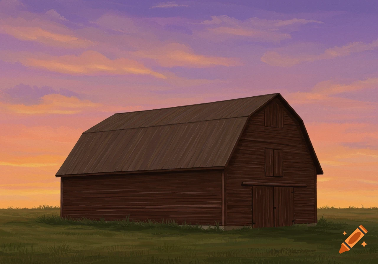 A brown barn stands in a field under a soft purple and orange sunset sky, illustrated.