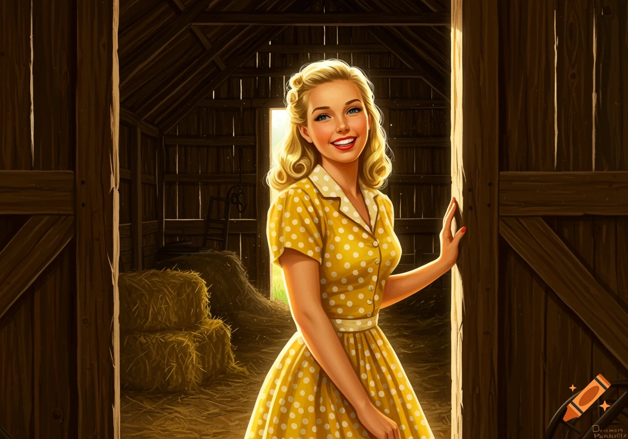 Smiling blonde woman in yellow polka-dot dress in a barn doorway, vintage illustration style.