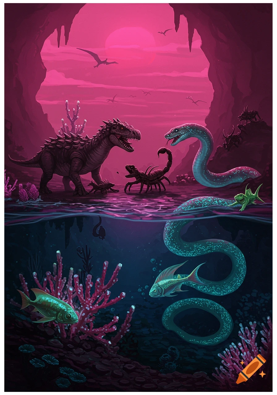 Fantasy illustration of creatures in a cave setting with water, showing a dinosaur, scorpion, and snake above, and fish and snake below.