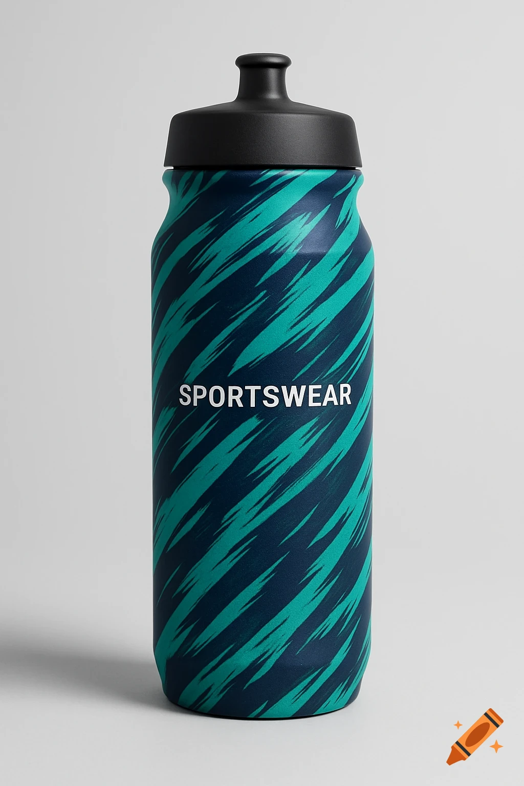 A water bottle with a dynamic teal and navy abstract pattern and the text "SPORTSWEAR".