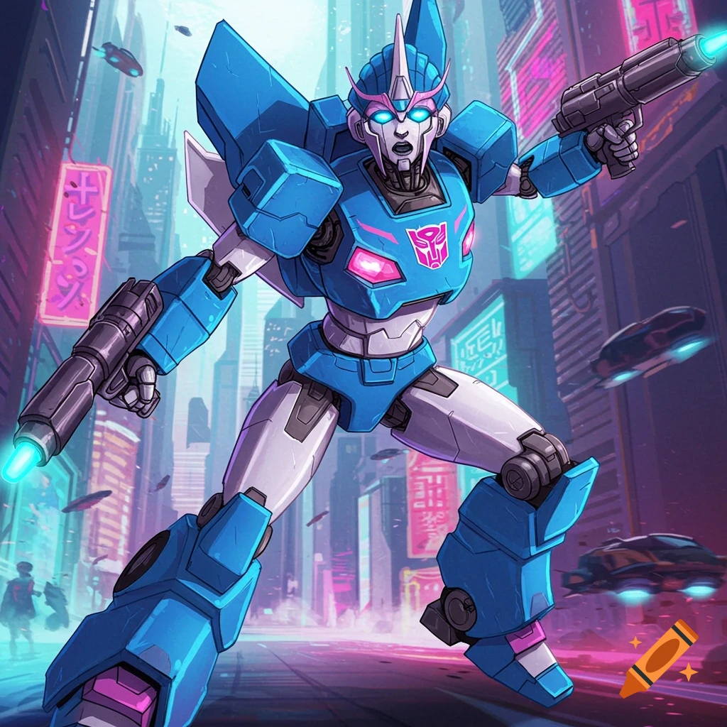 Arcee, a blue and white Transformer, stands in a neon cyberpunk cityscape with guns.