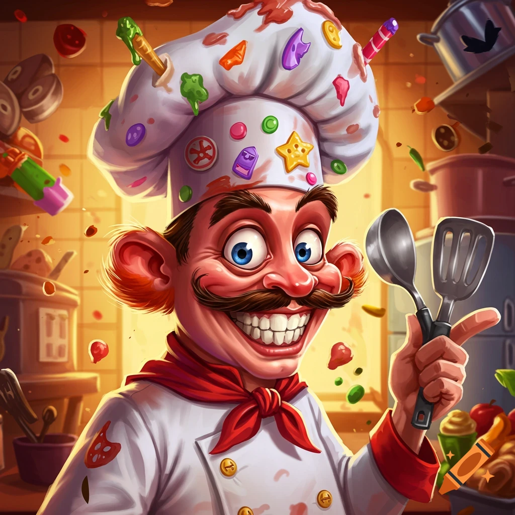 Cartoon chef with large smile holds kitchen utensils in a vibrant cooking scene