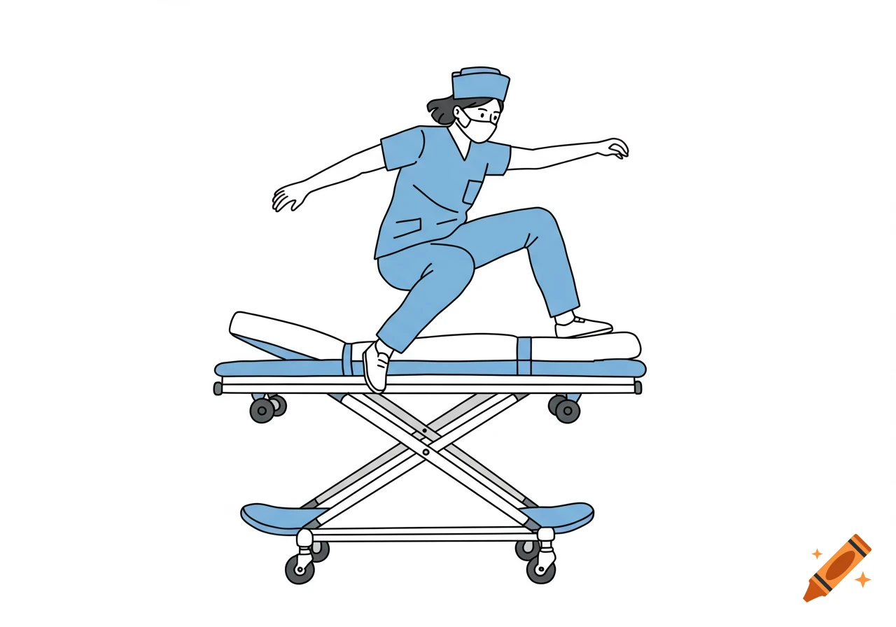 Line art illustration of a nurse riding a gurney like a skateboard.