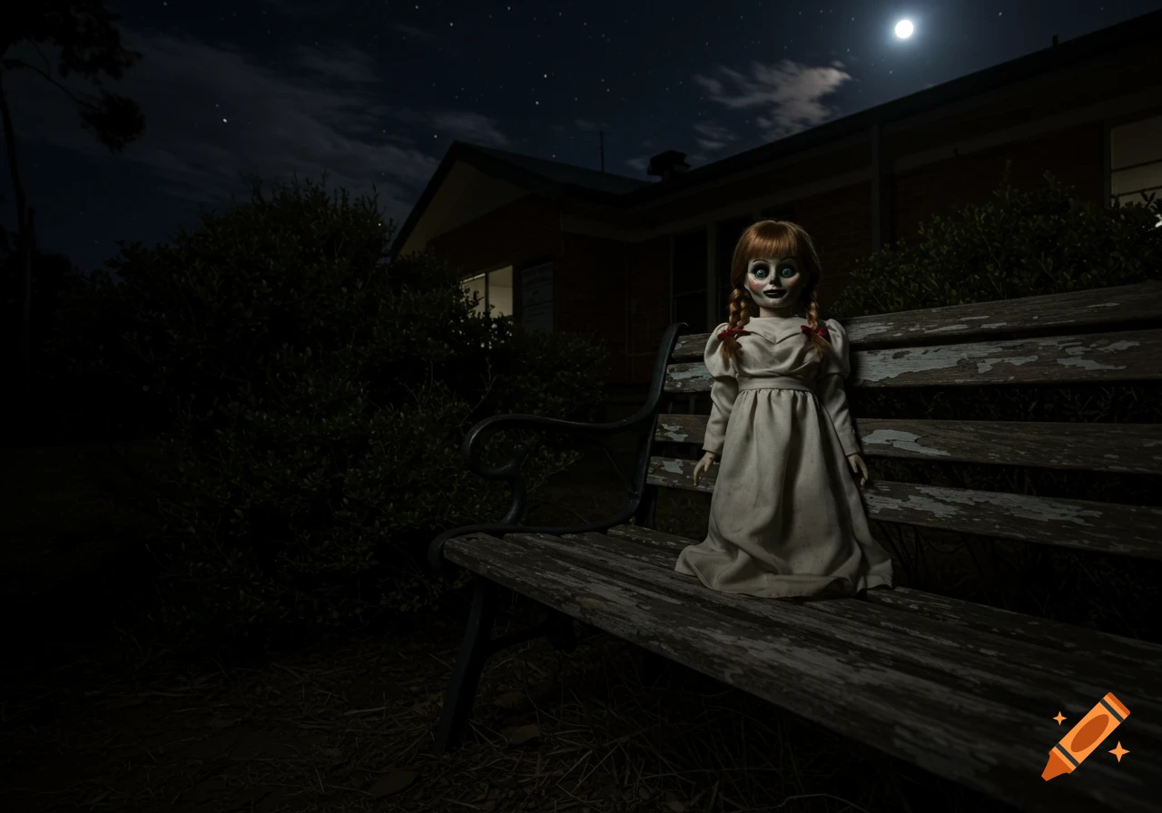 Annabelle doll sits on a park bench at night under a full moon