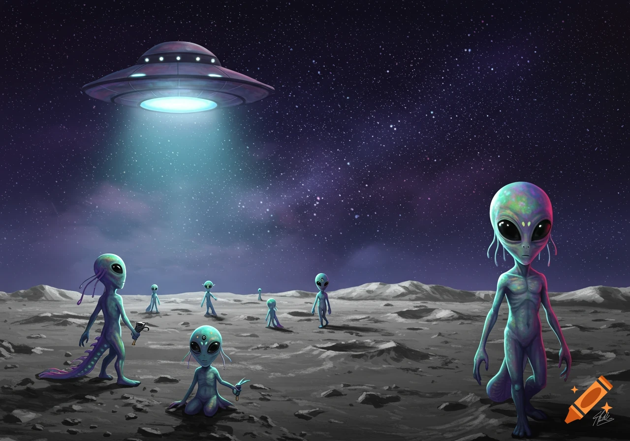 Cartoon aliens on a moon surface with a hovering UFO under a starry sky.