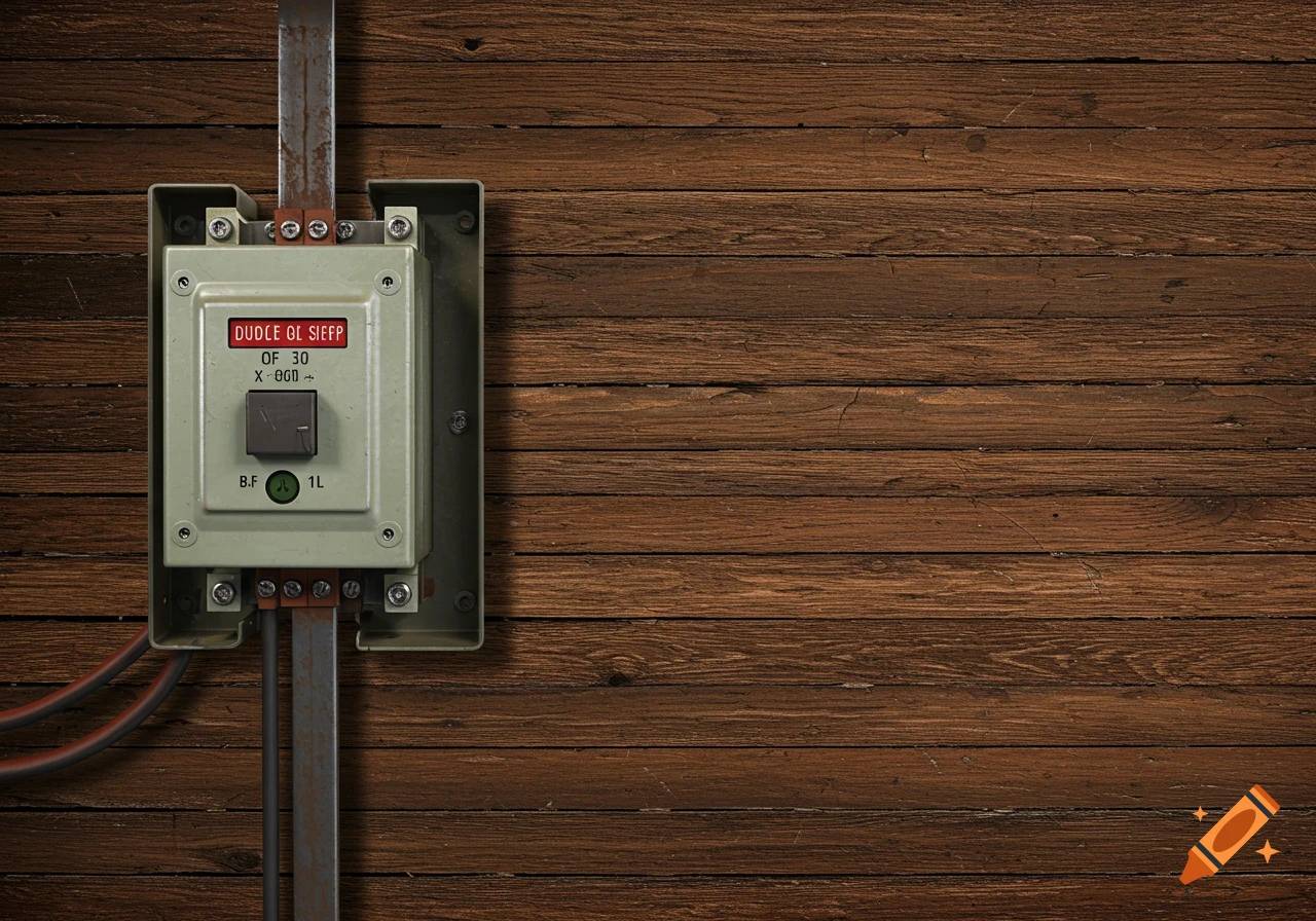 Industrial power relay mounted on a weathered wooden wall, photorealistic style.