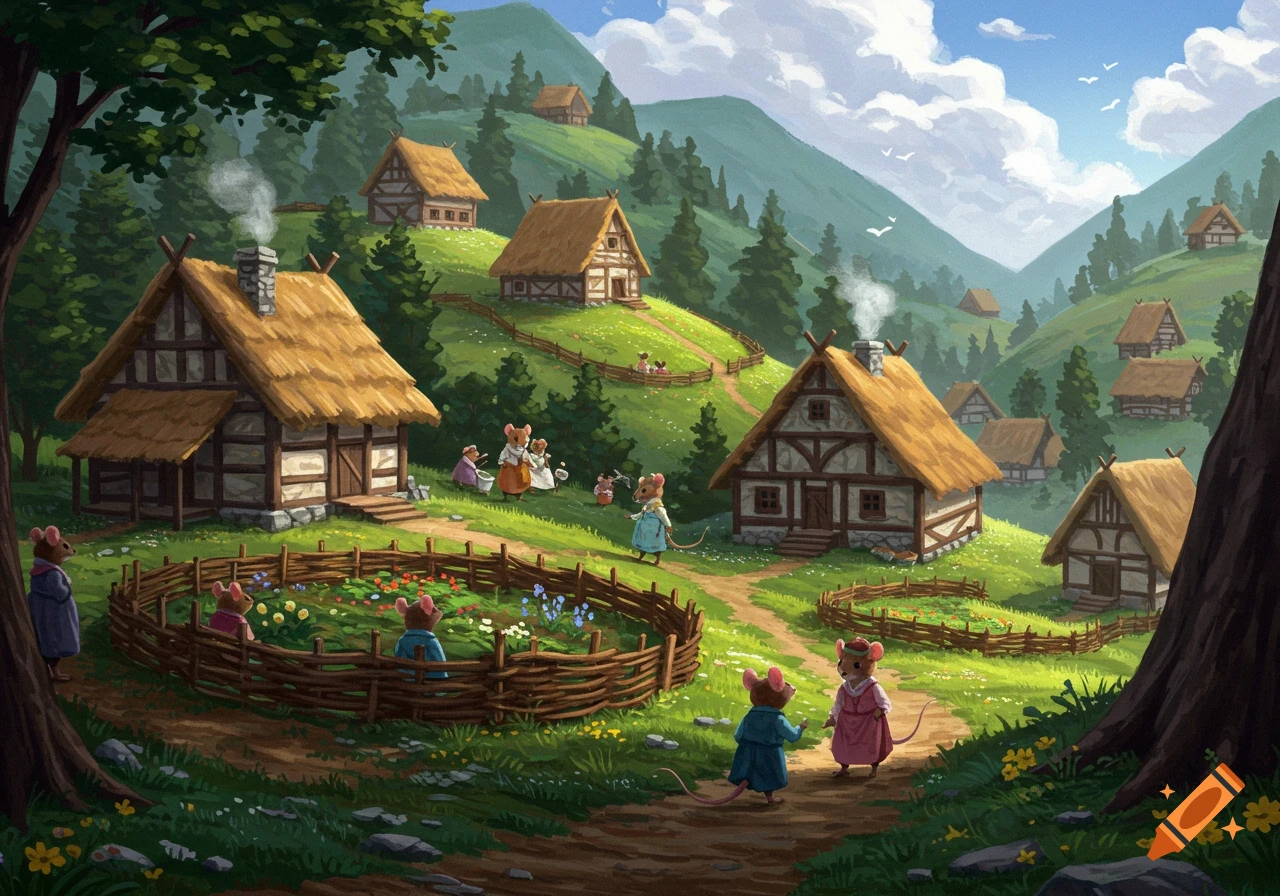 Anthropomorphic mice in a village with thatched-roof houses, gardens, and fences in a green valley.