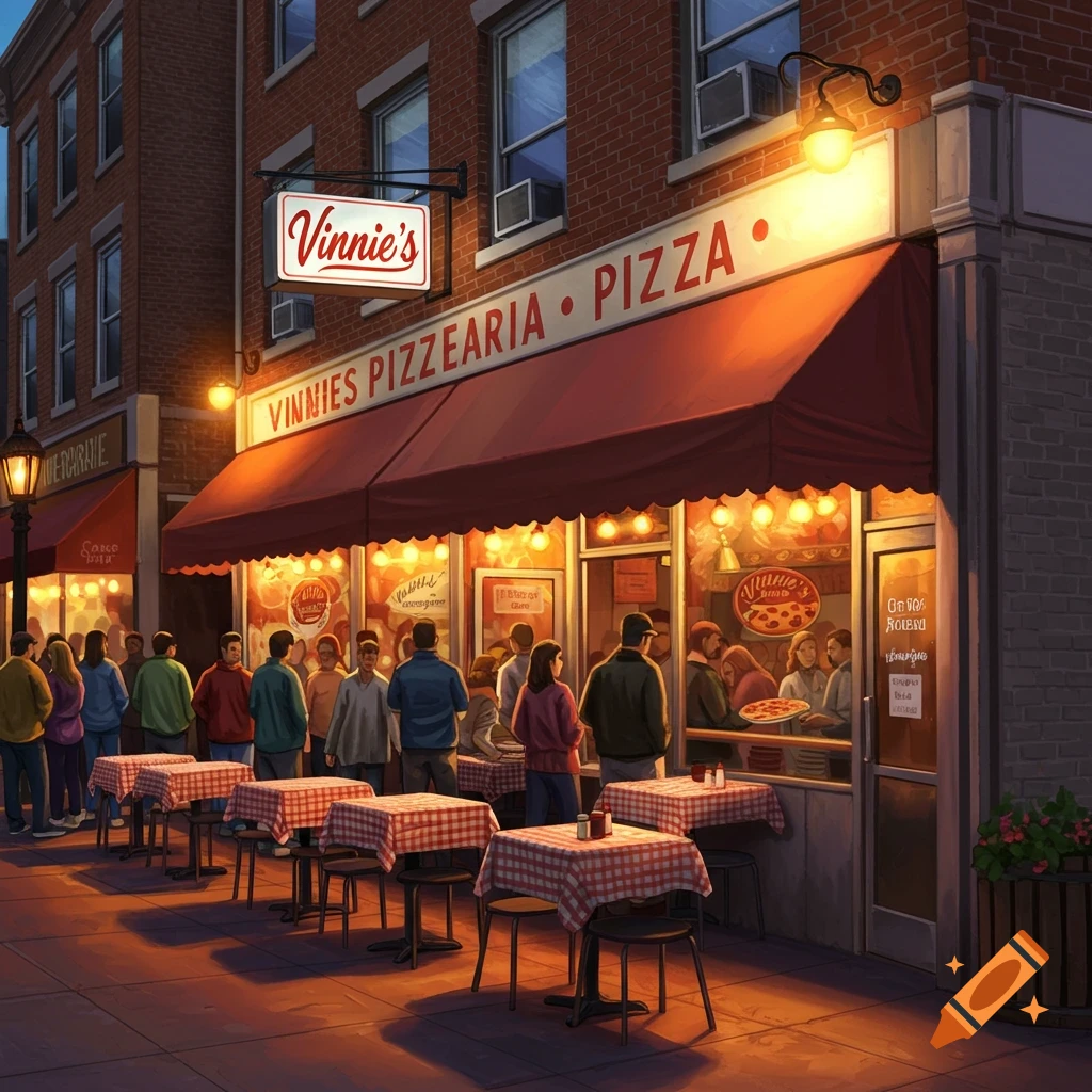 Evening view of Vinnie's Pizzeria with people waiting outside and seated at tables.