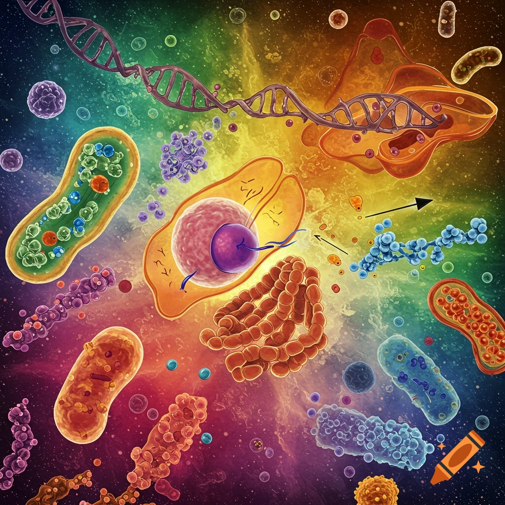 Colorful illustration of various biological cells and structures like DNA and mitochondria.