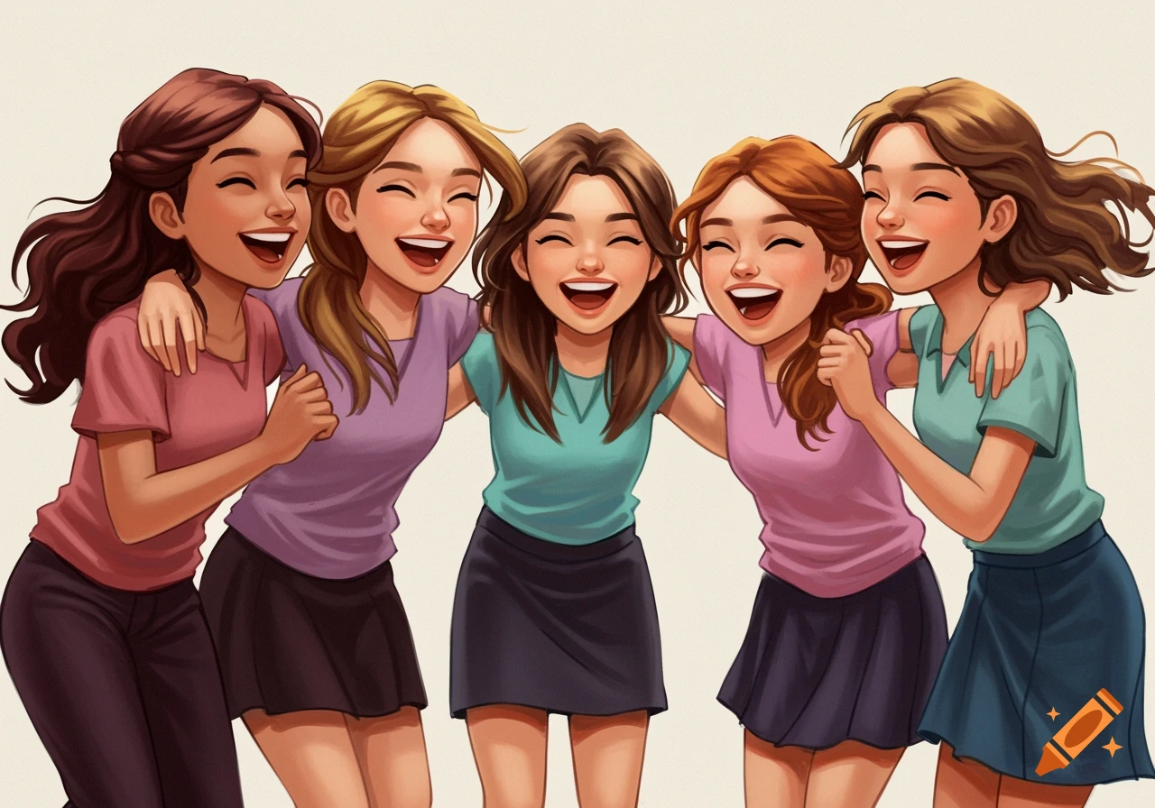 Five young women laugh and hug each other in a warm illustration style.