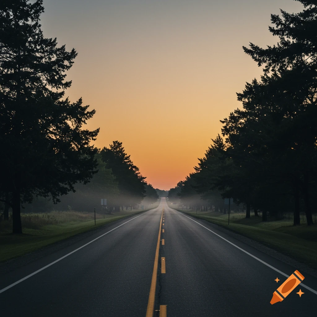 Long rural road at sunset framed by trees and mist.