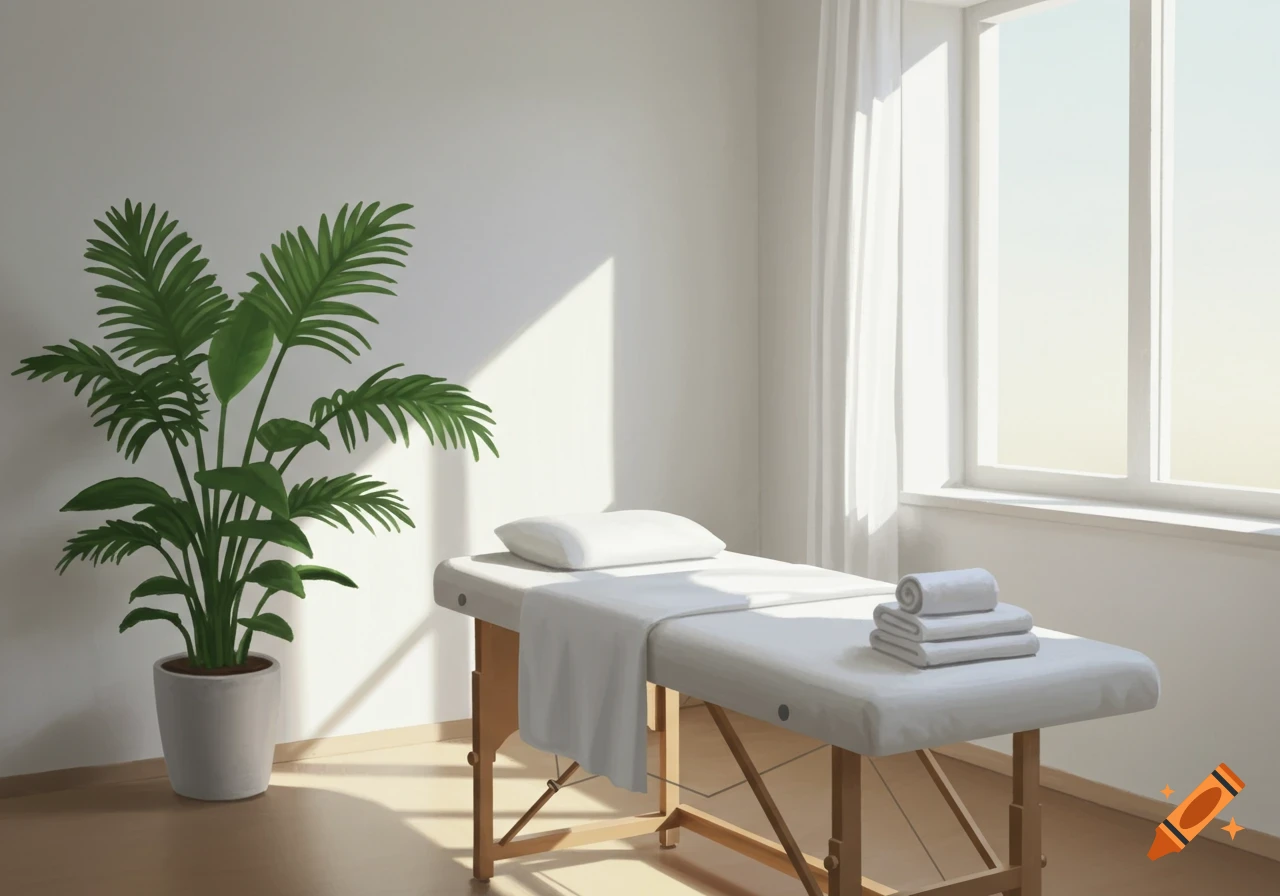 Realistic interior of a bright room with a massage table, a large plant, and a window.