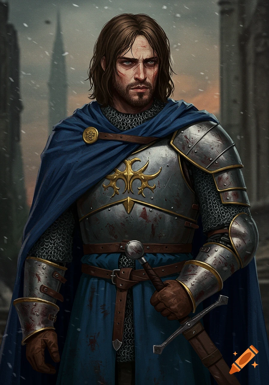 Fantasy portrait of a knight in armor and blue cape with battle scars, holding a sword in a snowy setting.
