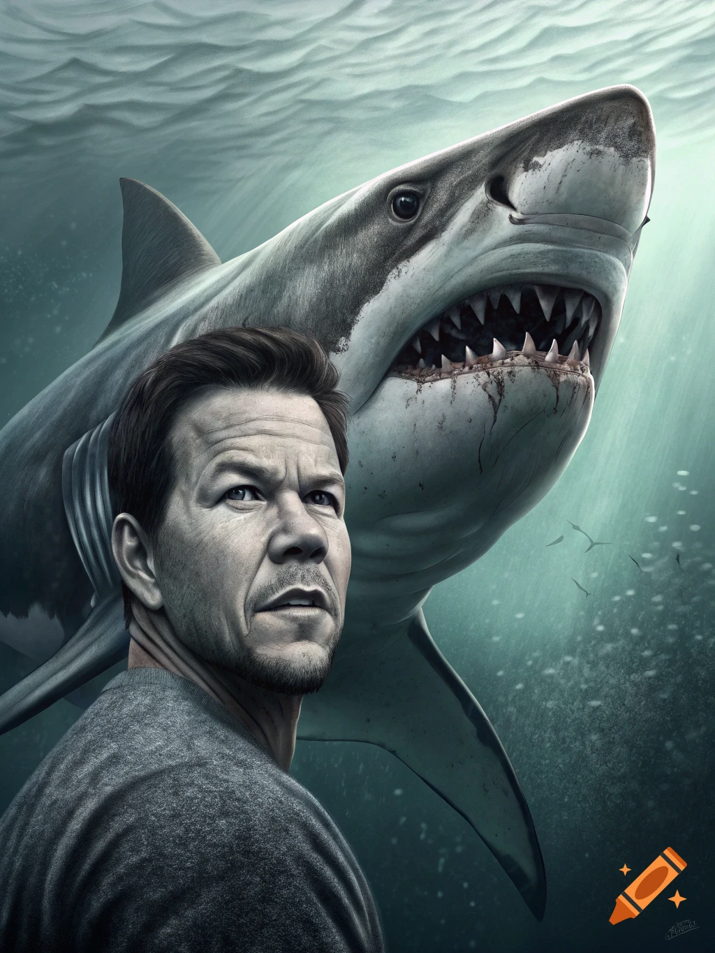 Mark Wahlberg looks up next to a large shark with its mouth open in the water.