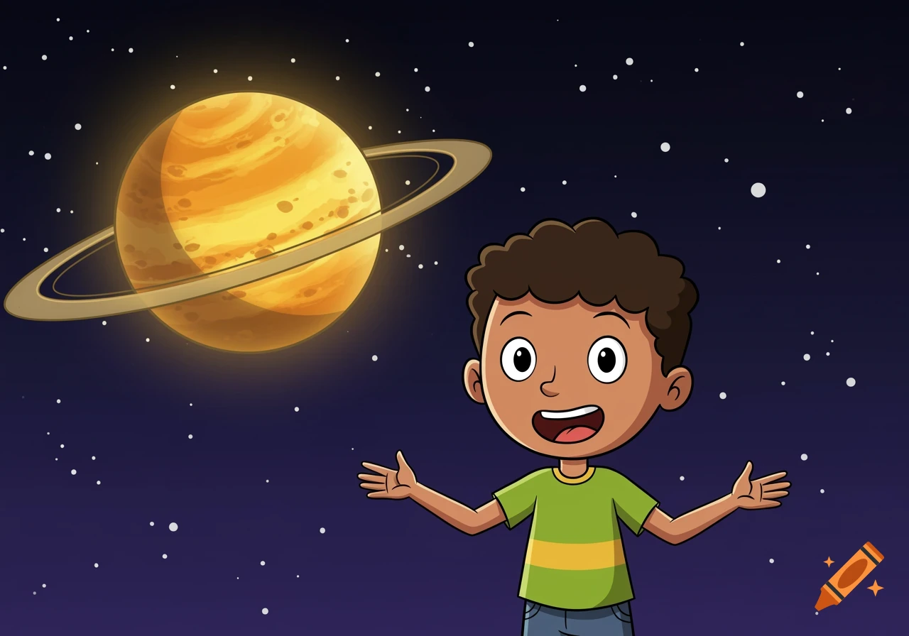 A cartoon boy looks up excitedly at Saturn in space.