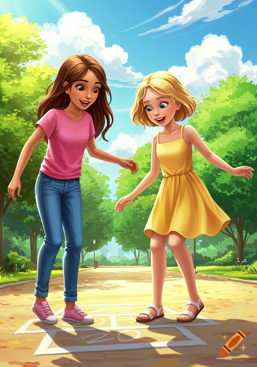 Two girls play hopscotch in a sunny park. Illustration style.