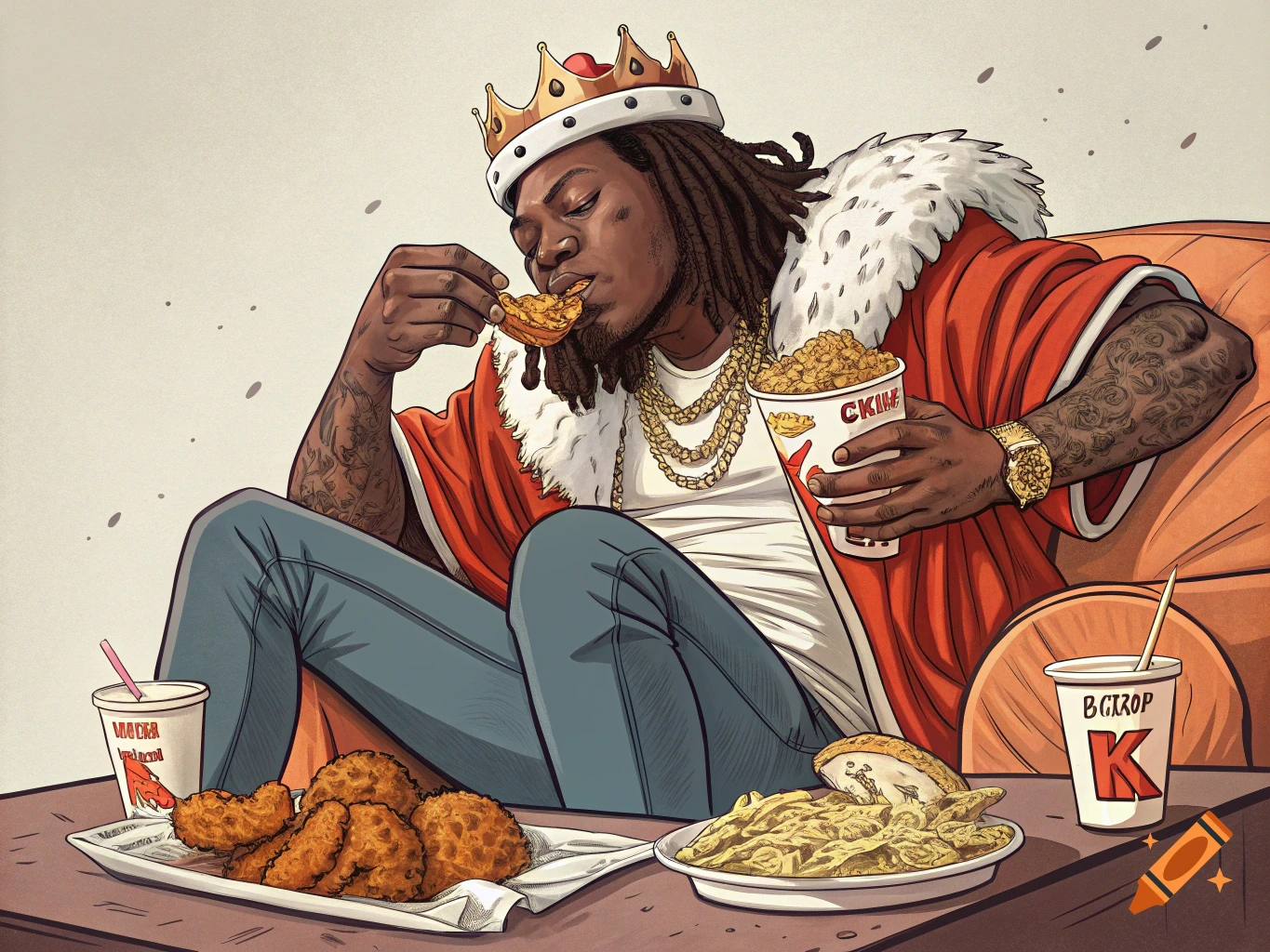 Cartoon illustration of a person wearing a crown and cape, eating fried chicken and holding a cup.