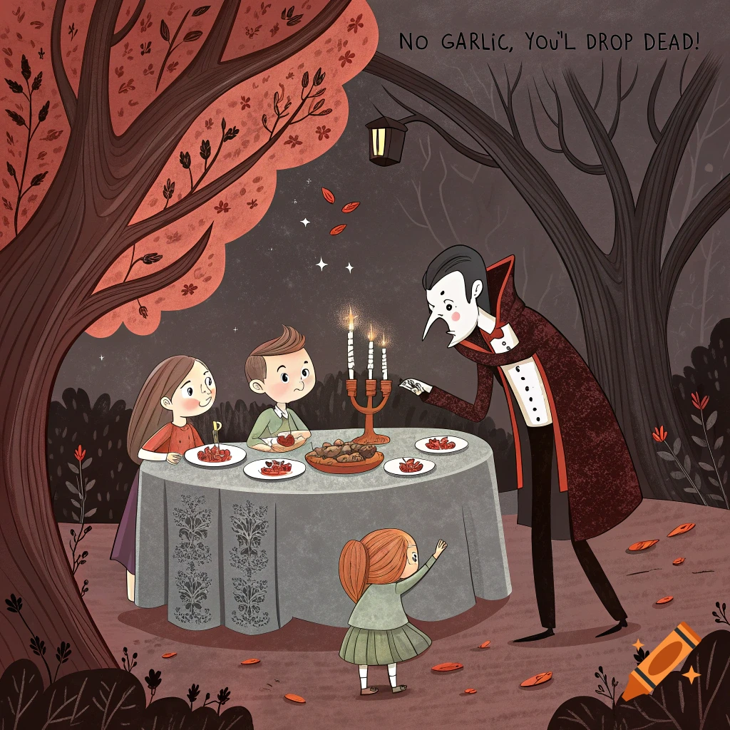 A cartoon illustration of a vampire standing over a dinner table with children, saying "NO GARLIC, YOU'LL DROP DEAD!"