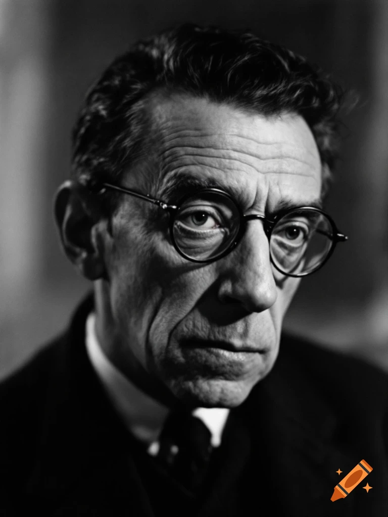 Black and white close-up portrait of a serious-looking man wearing glasses and a suit.