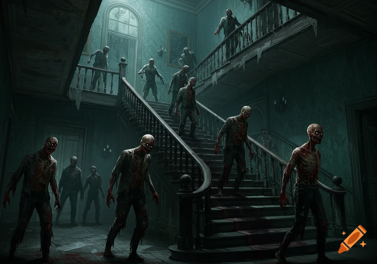 A group of zombies descends a dark, creepy staircase in a haunted mansion.