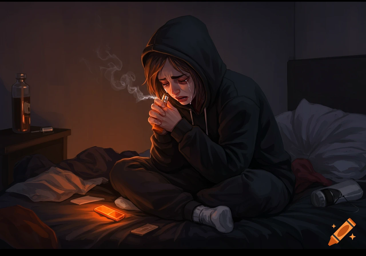 An illustration of a sad woman in a hoodie crying and holding a vape while sitting on a messy bed.