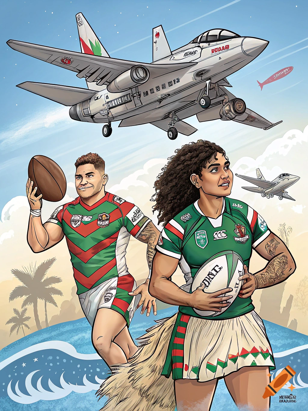 Cartoon illustration of two rugby players running by the sea under a sky with a large fighter jet.