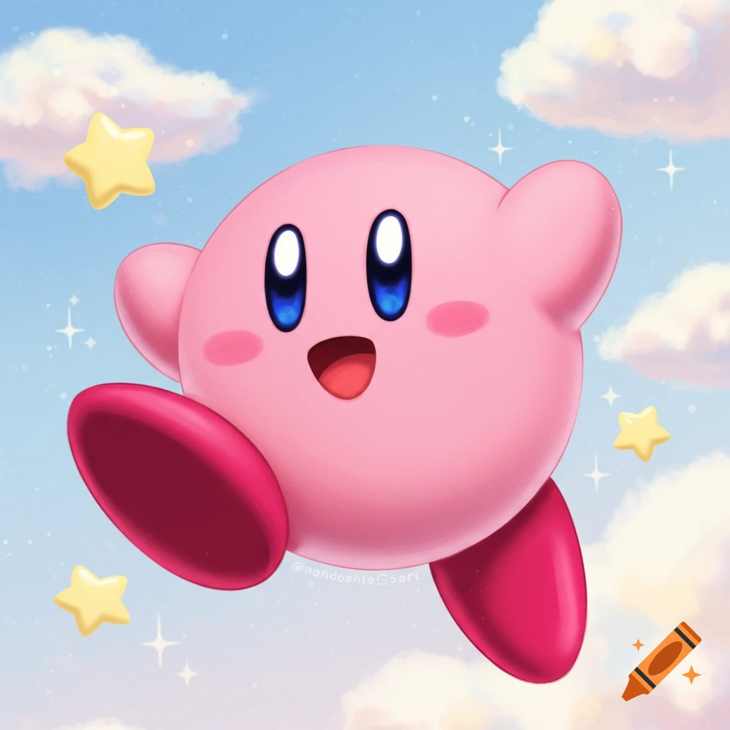 Pink character Kirby flies through a blue sky with clouds and stars.