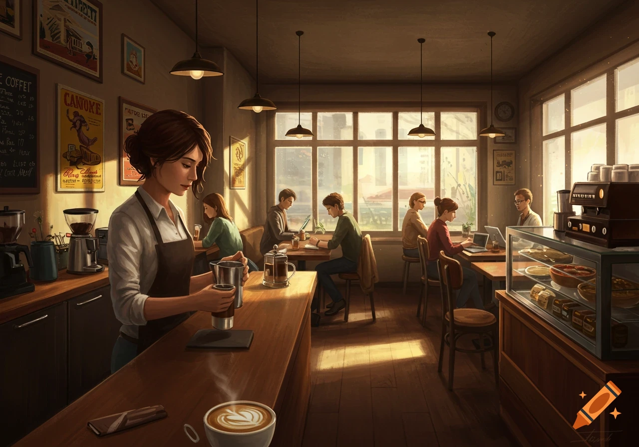A barista prepares coffee behind the counter in a busy coffee shop with customers sitting at tables.