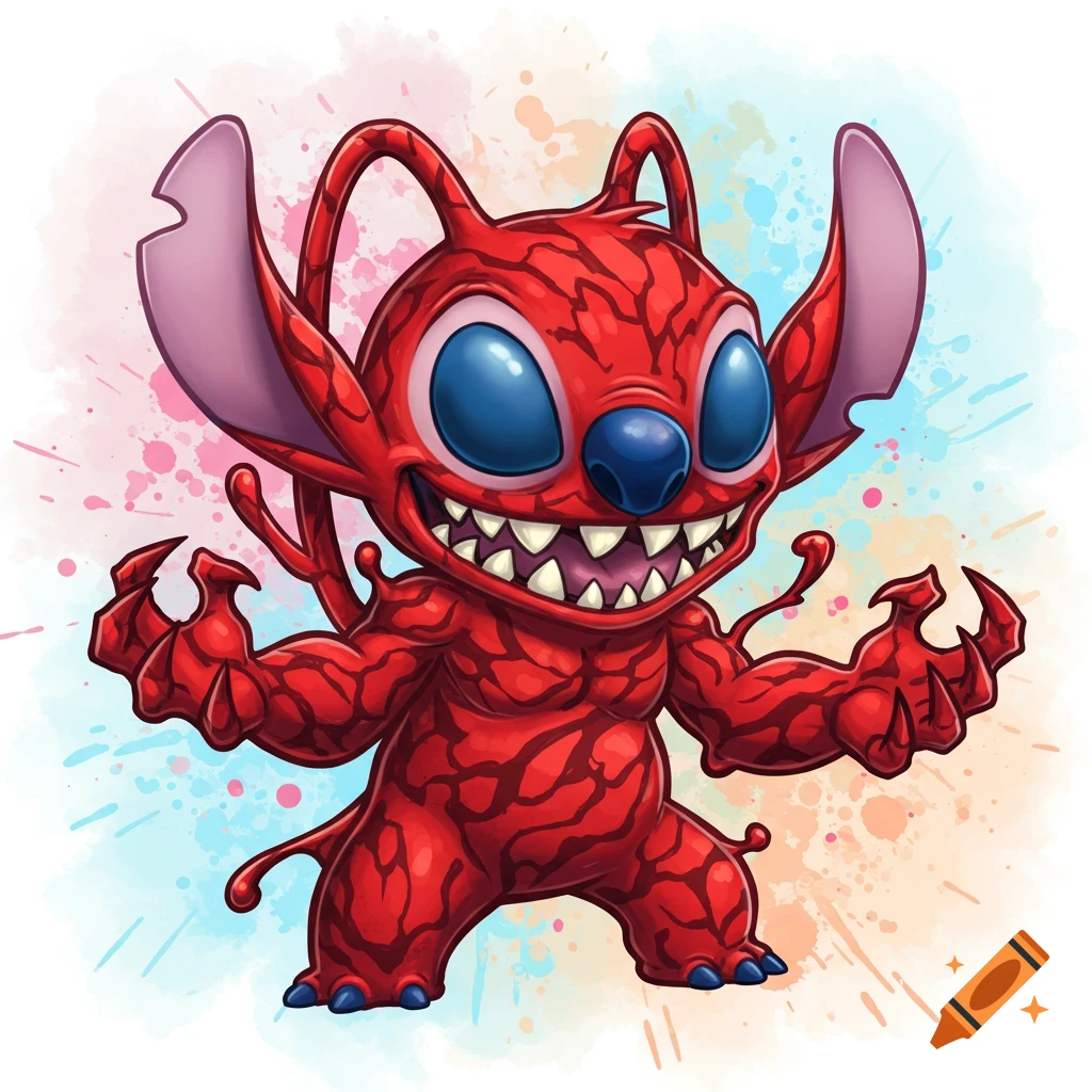A cartoon character resembling a red Stitch merged with Carnage, standing against a watercolor splash background.