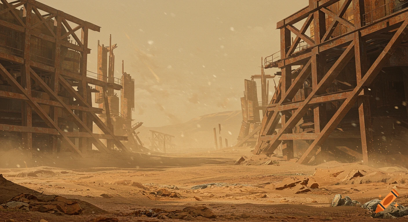 A desolate, dusty industrial landscape with rusty structures under an orange sky.